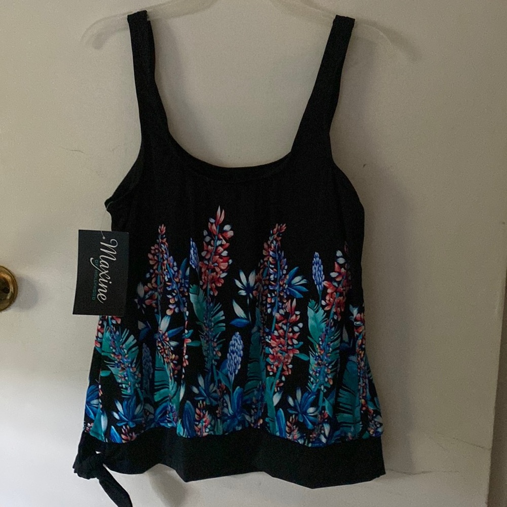 Womens tanking top black with flowers scoop neck size 12 side tie bottom